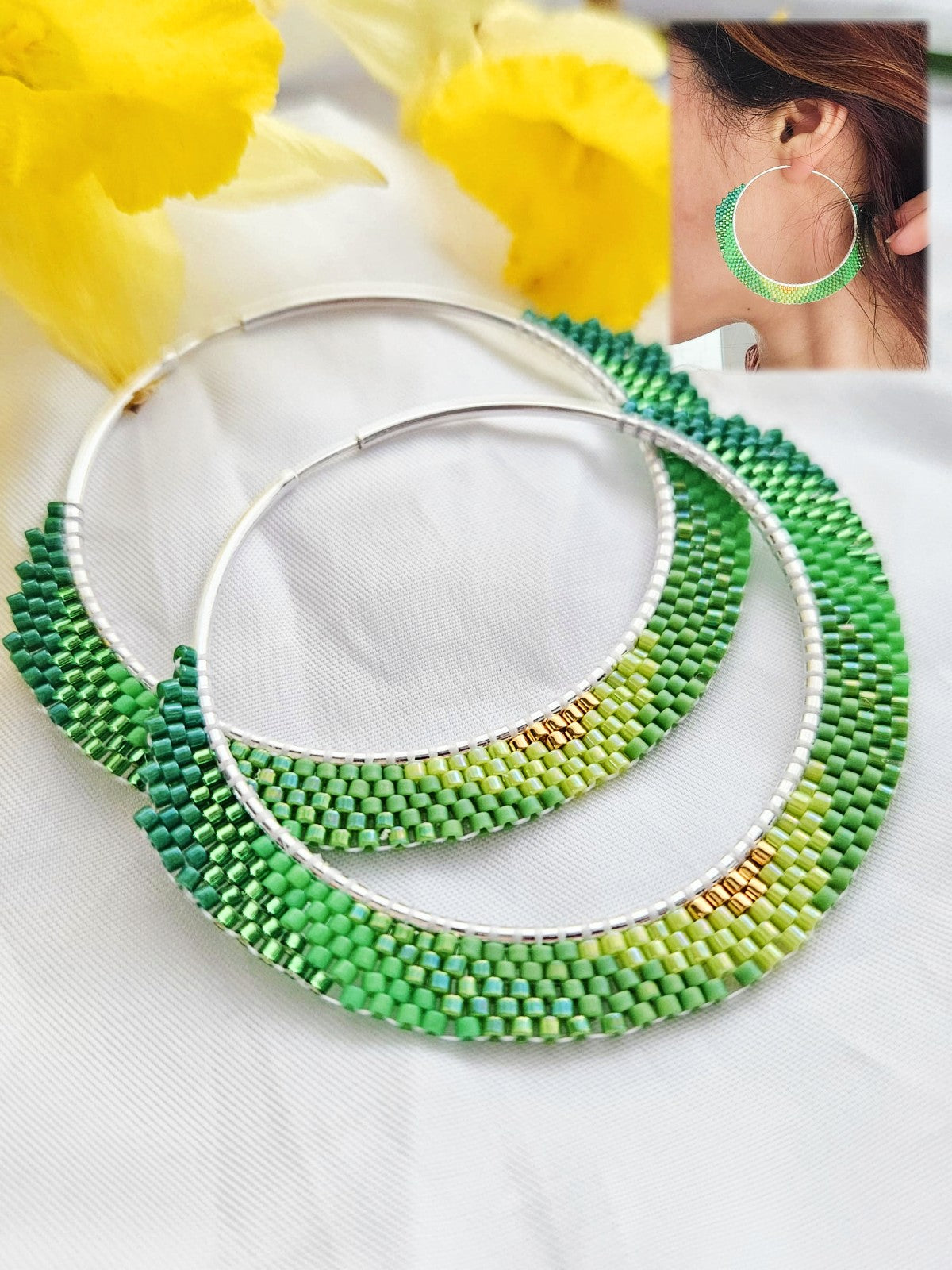 Cercei creole hoops argint cercuri mari verde degrade-auriu