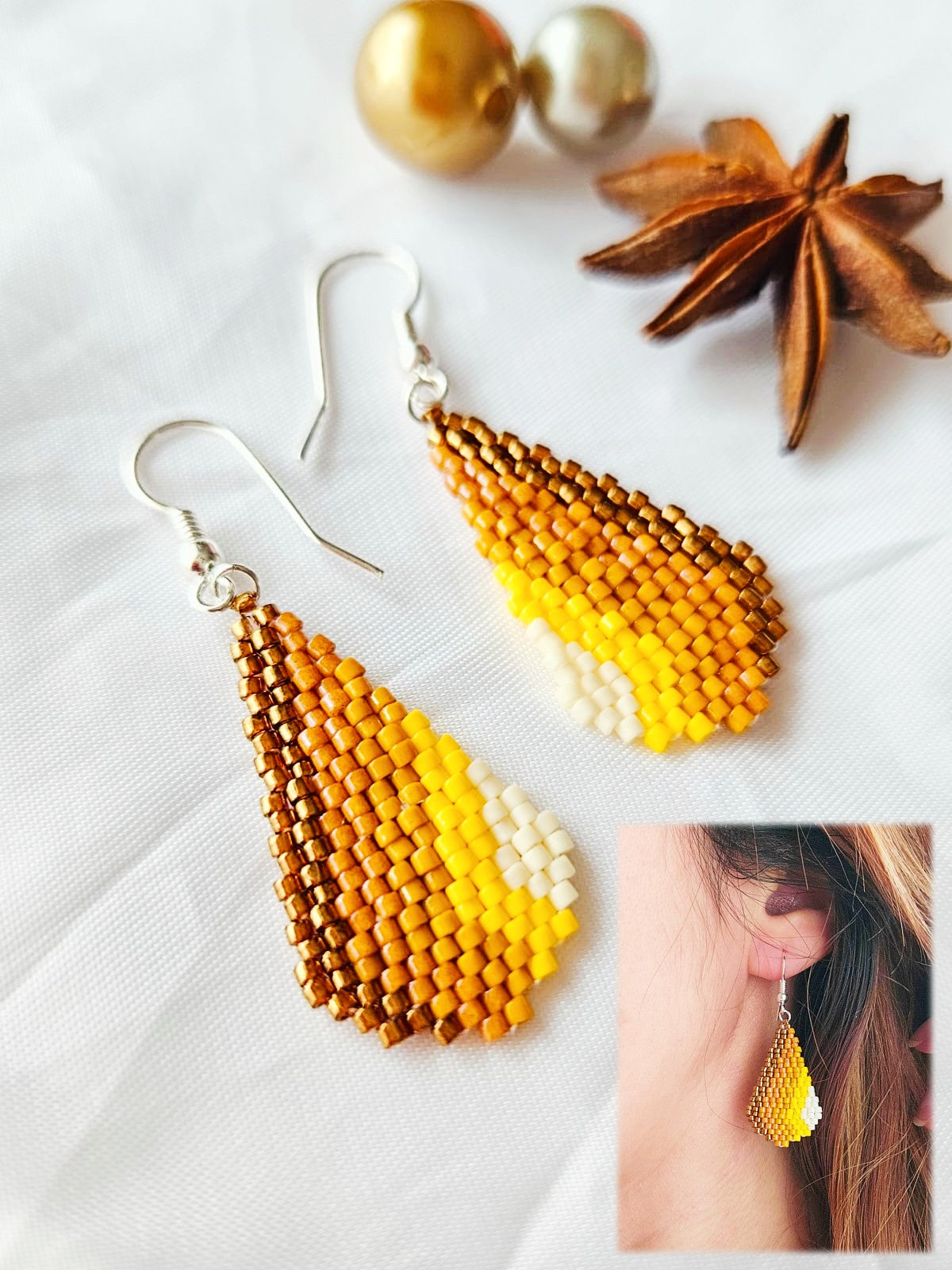 Cercei lacrima maro-galben-alb - ❤️ Creatii Delicate