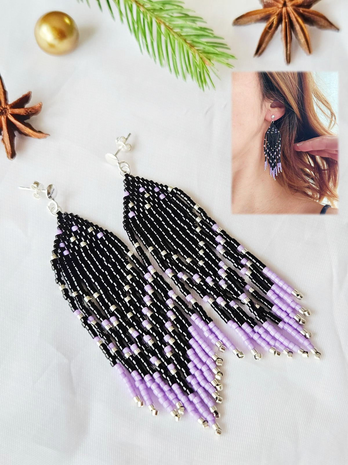 Cercei lungi franjuri negru-mov - ❤️ Creatii Delicate