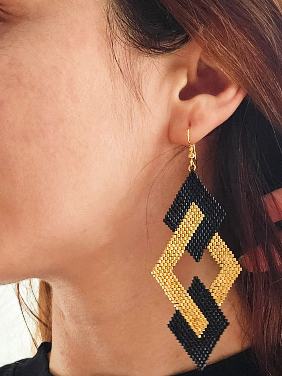 Cercei romb triplu negru-auriu mare - ❤️ Creatii Delicate