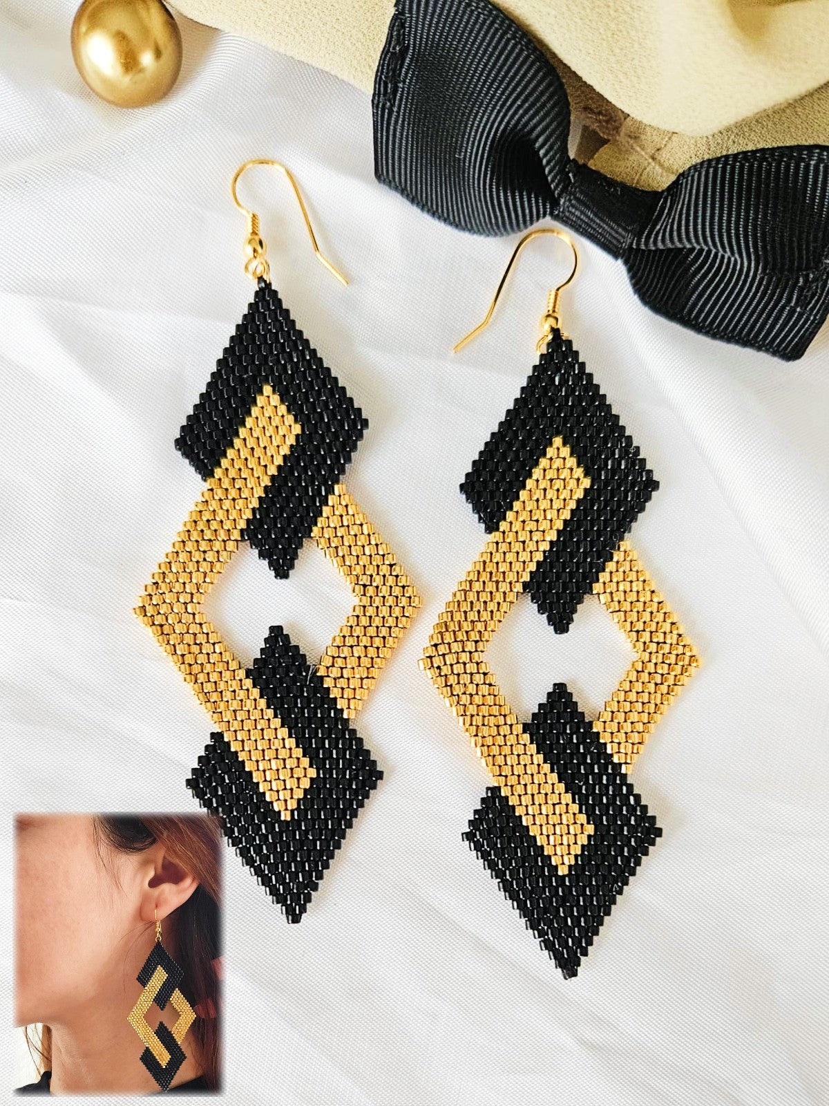 Cercei romb triplu negru-auriu mare - ❤️ Creatii Delicate