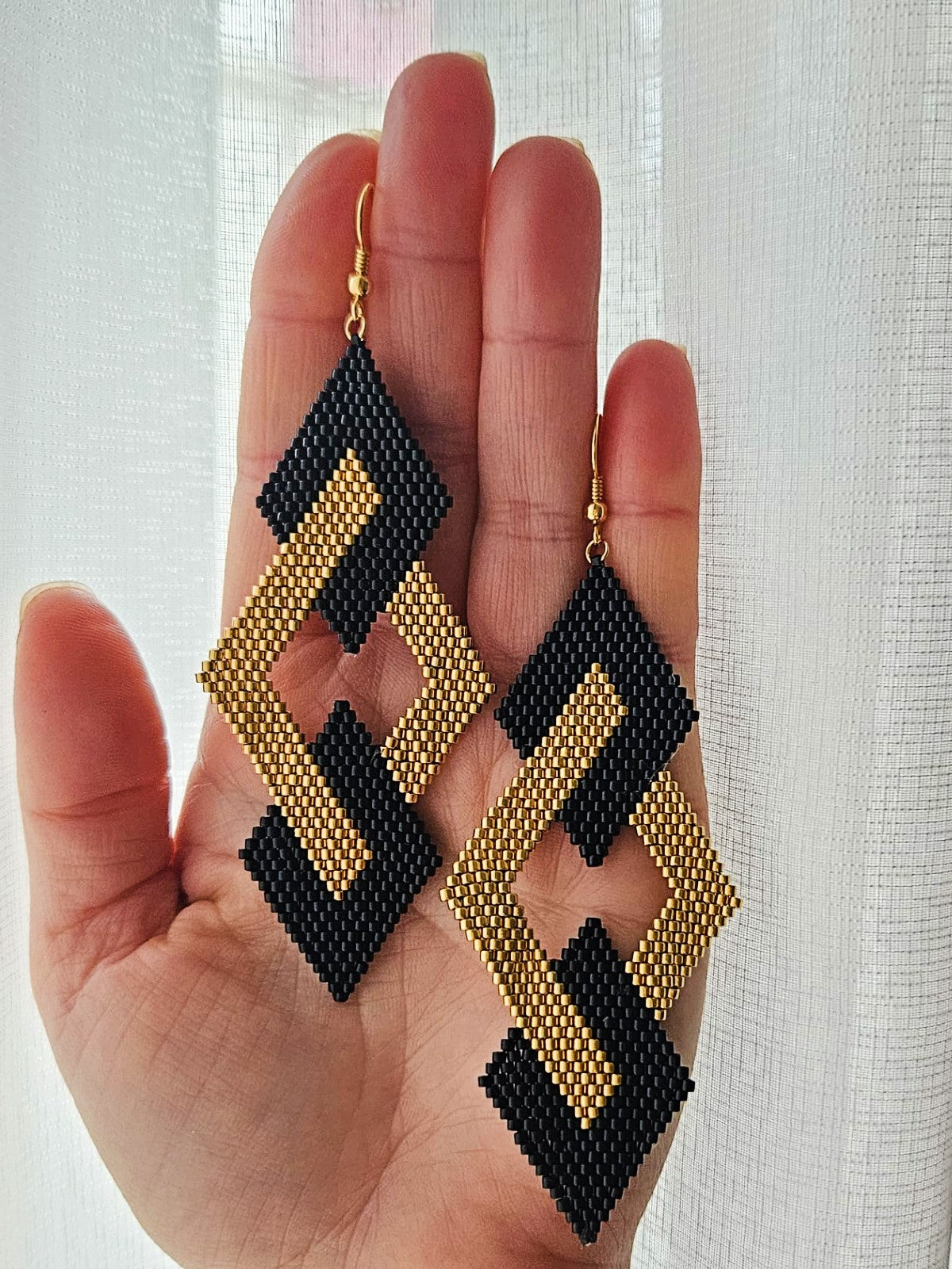 Cercei romb triplu negru-auriu mare - ❤️ Creatii Delicate
