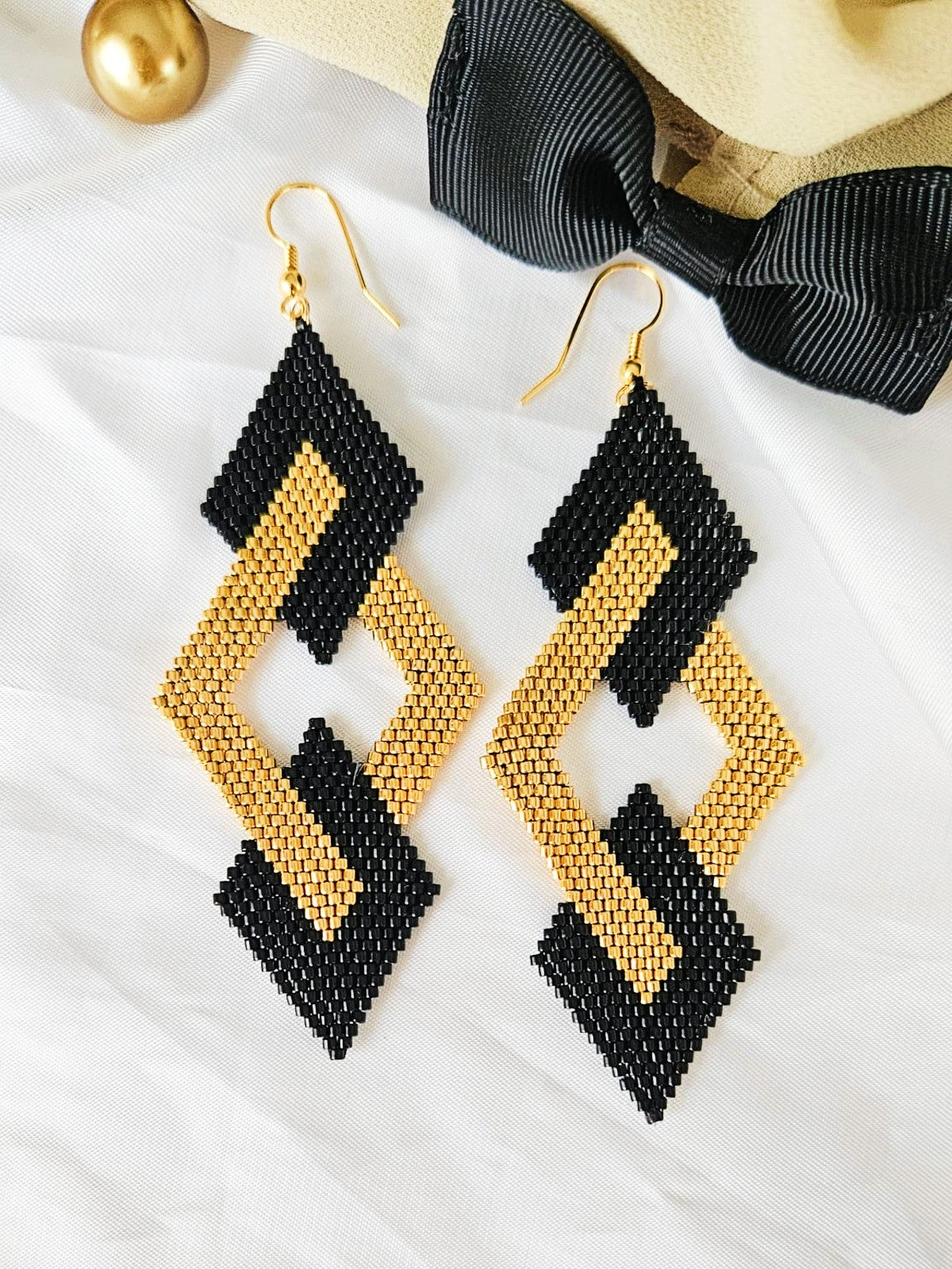 Cercei romb triplu negru-auriu mare - ❤️ Creatii Delicate