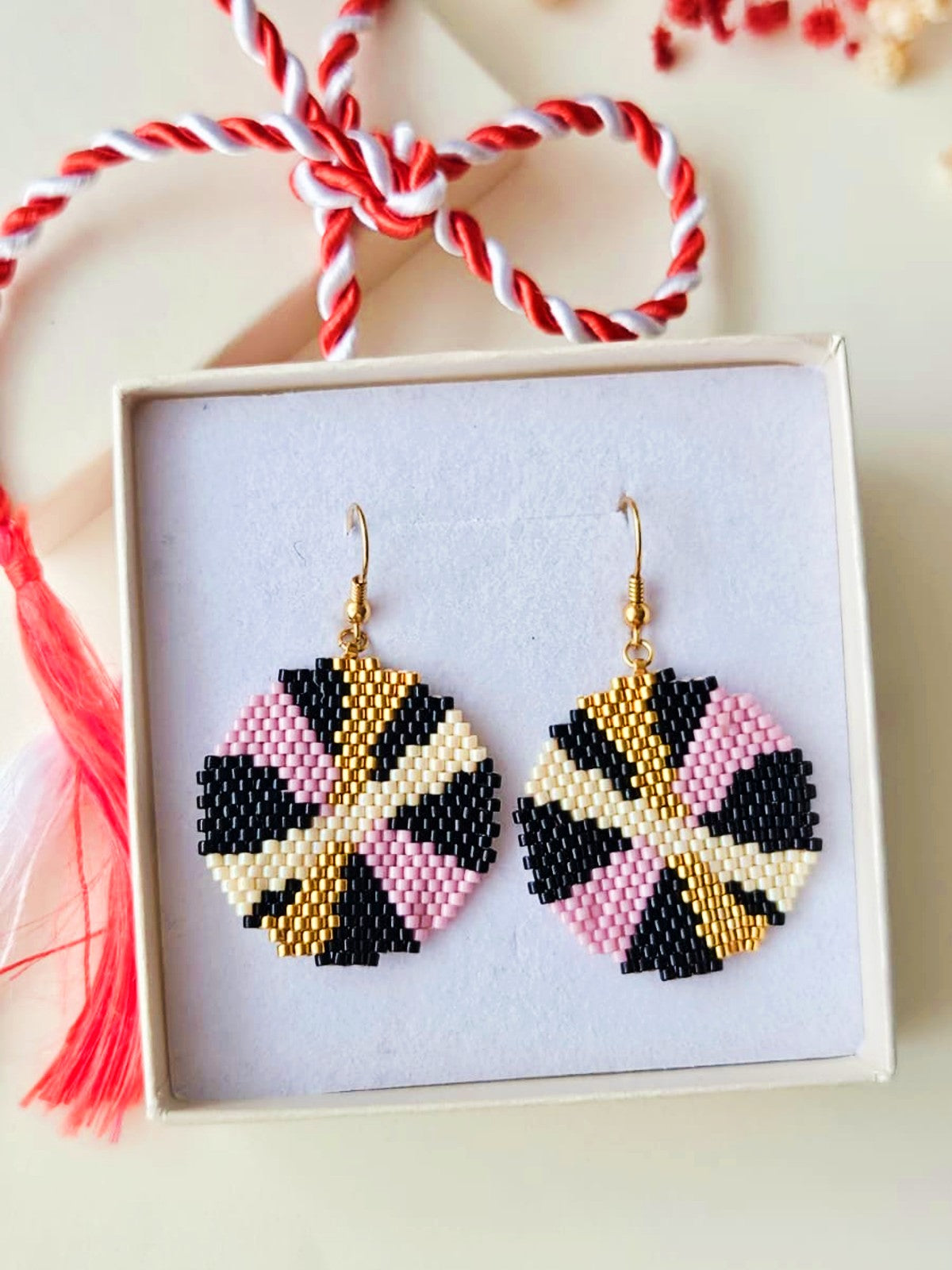 Cercei cerc negru-roz-auriu-alb - ❤️ Creatii Delicate
