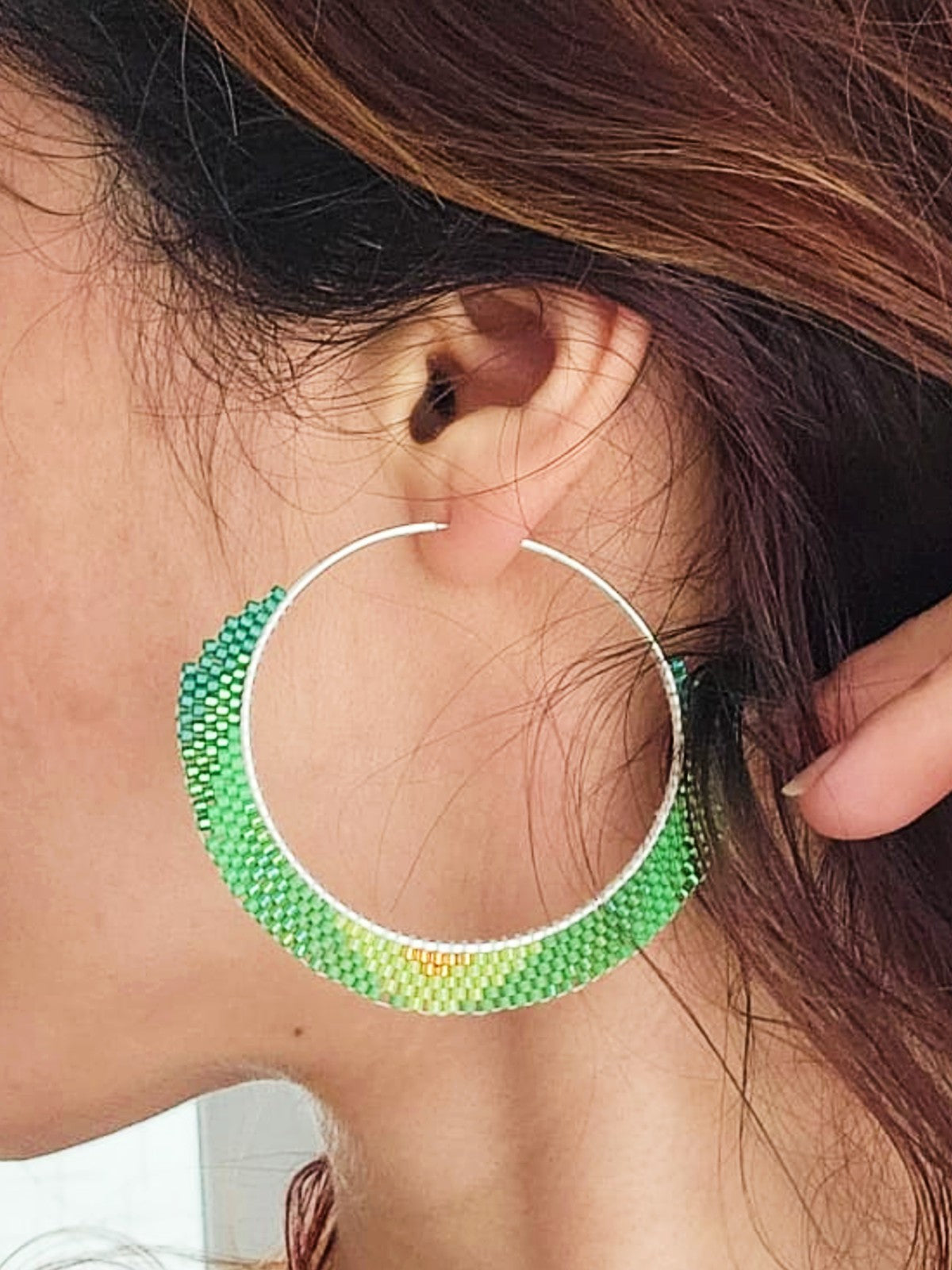Cercei creole hoops argint cercuri mari verde degrade-auriu