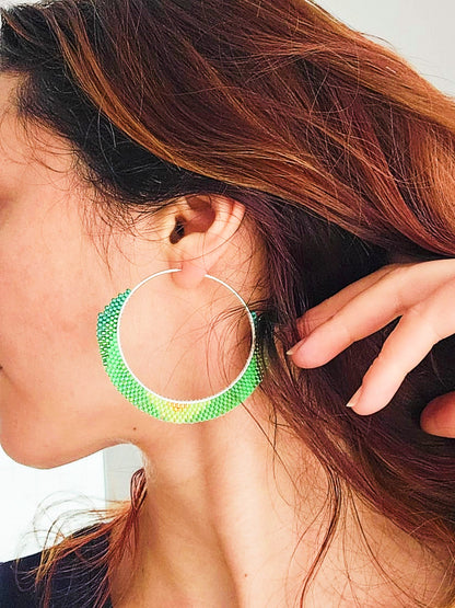 Cercei creole hoops argint cercuri mari verde degrade-auriu
