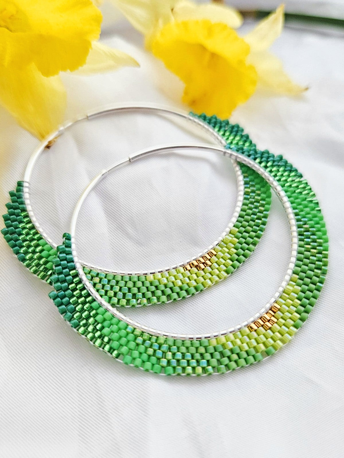 Cercei creole hoops argint cercuri mari verde degrade-auriu