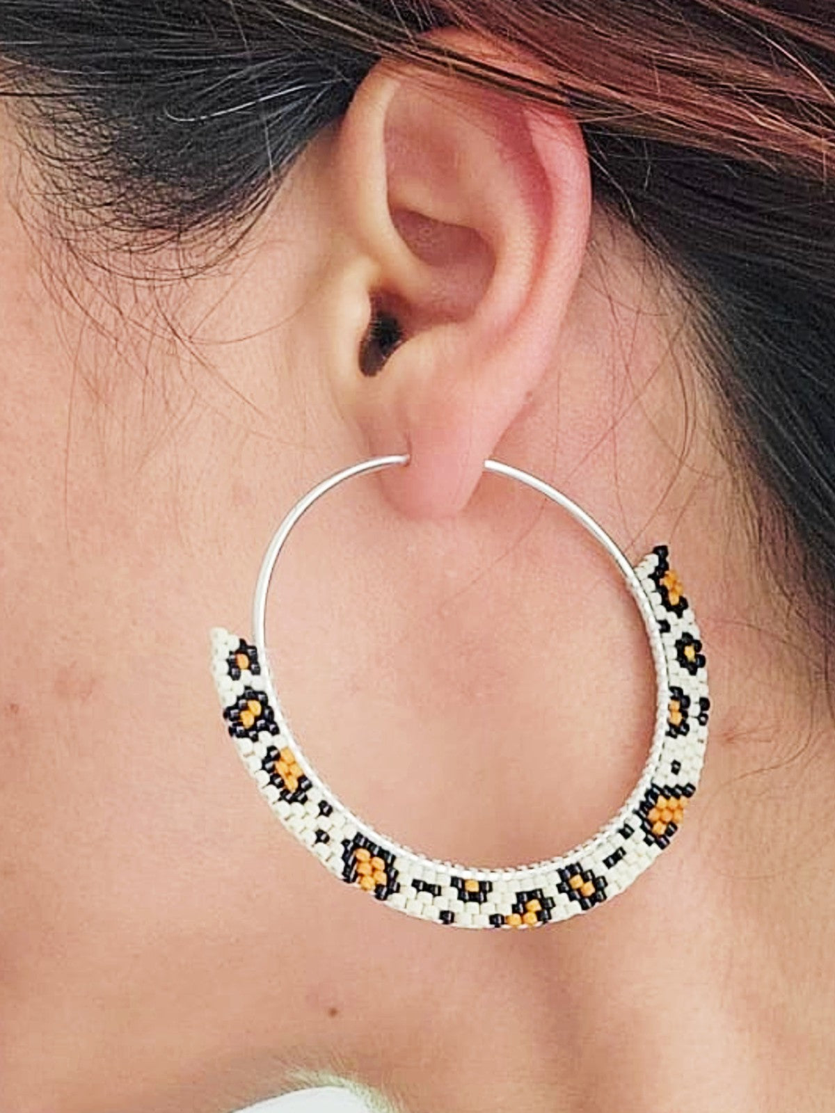 Cercei creole hoops argint cercuri mari Animal Print alb