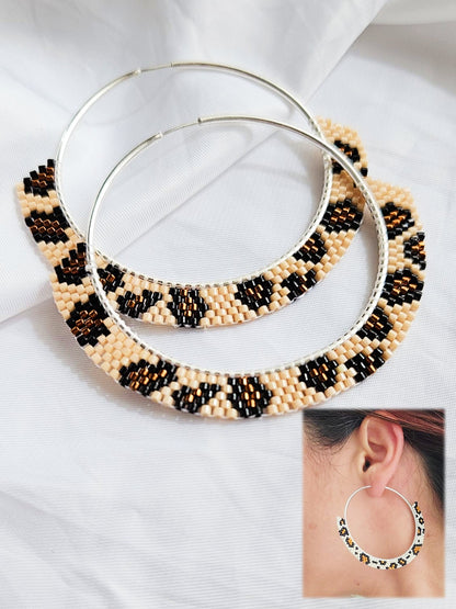 Cercei creole hoops argint cercuri mari Animal Print crem