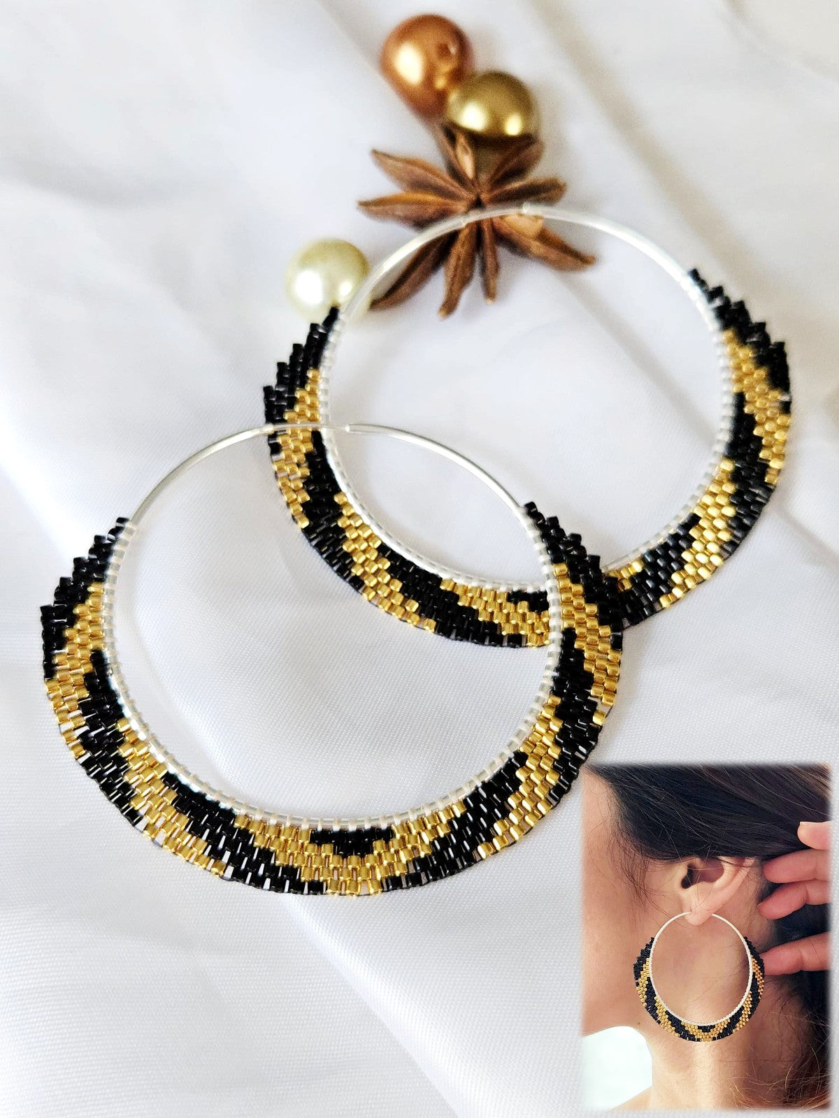 Cercei creole hoops argint cercuri mari auriu-negru - Creatii Delicate