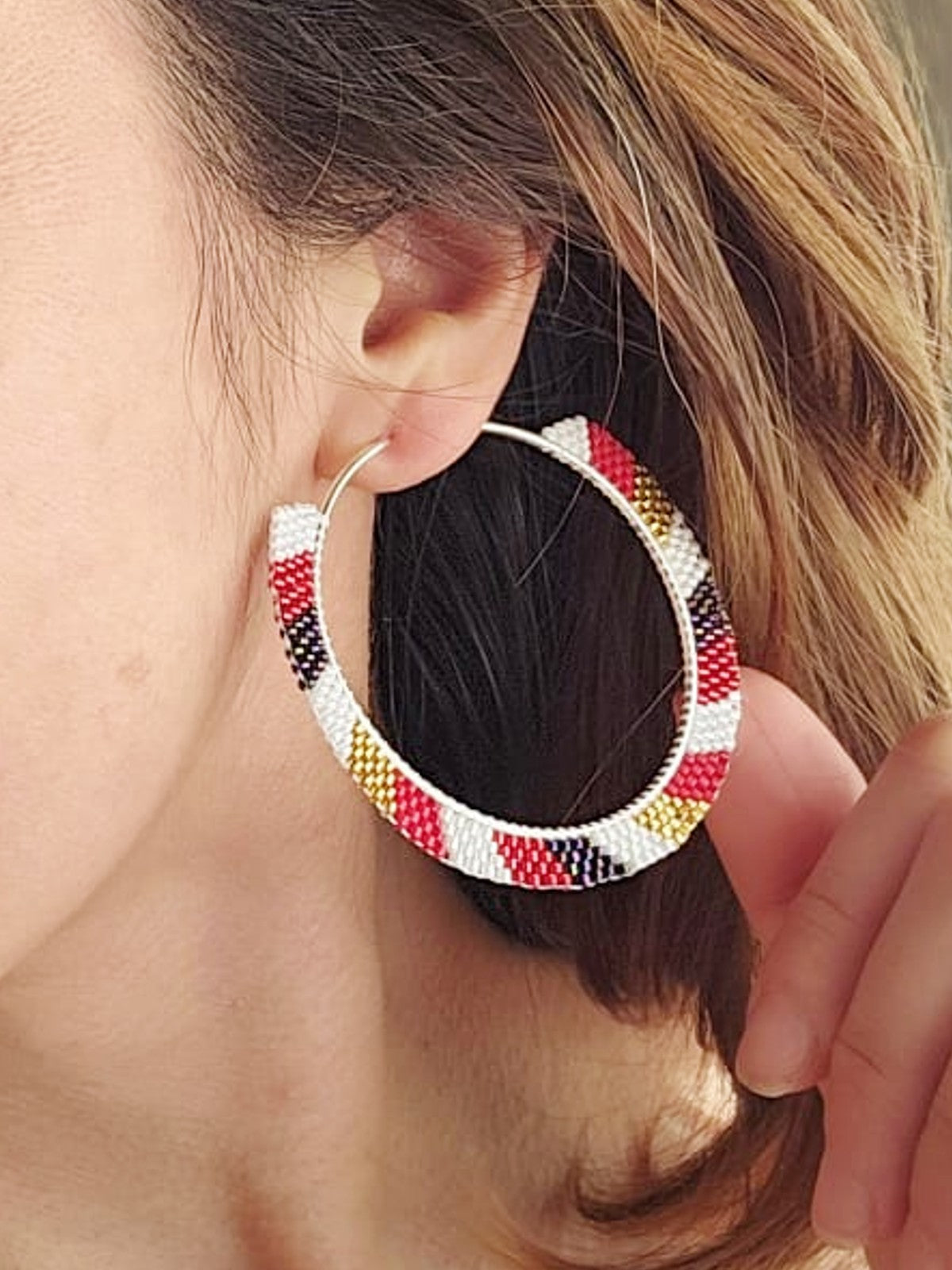 Cercei creole hoops argint cercuri mari rosu-auriu-alb-negru - Creatii Delicate