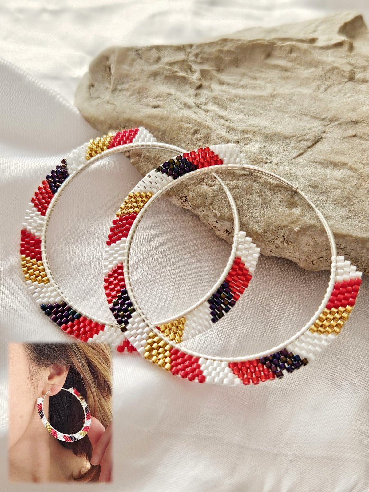 Cercei creole hoops argint cercuri mari rosu-auriu-alb-negru - Creatii Delicate