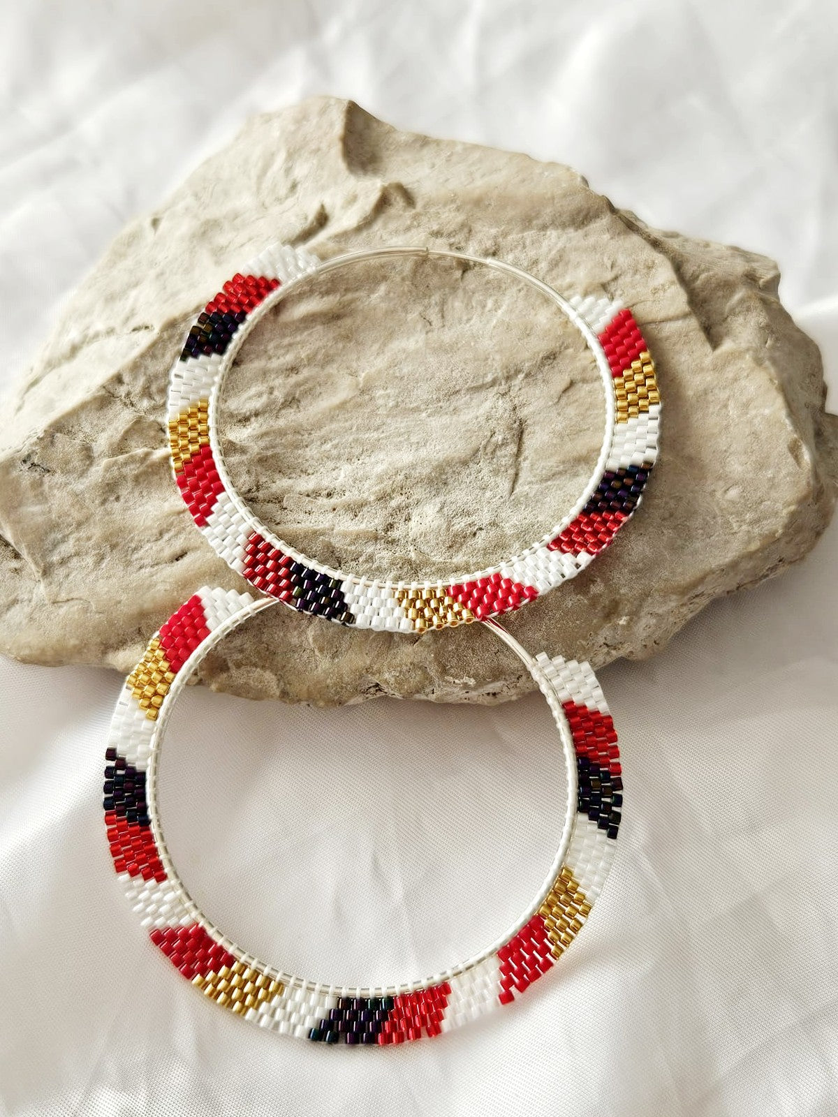 Cercei creole hoops argint cercuri mari rosu-auriu-alb-negru - Creatii Delicate