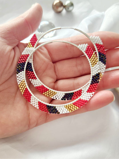 Cercei creole hoops argint cercuri mari rosu-auriu-alb-negru - Creatii Delicate