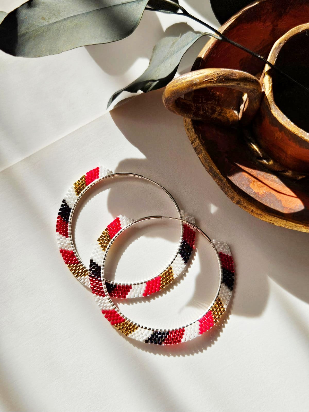 Cercei creole hoops argint cercuri mari rosu-auriu-alb-negru - Creatii Delicate