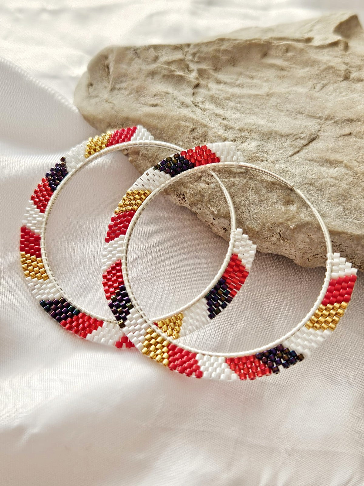 Cercei creole hoops argint cercuri mari rosu-auriu-alb-negru - Creatii Delicate