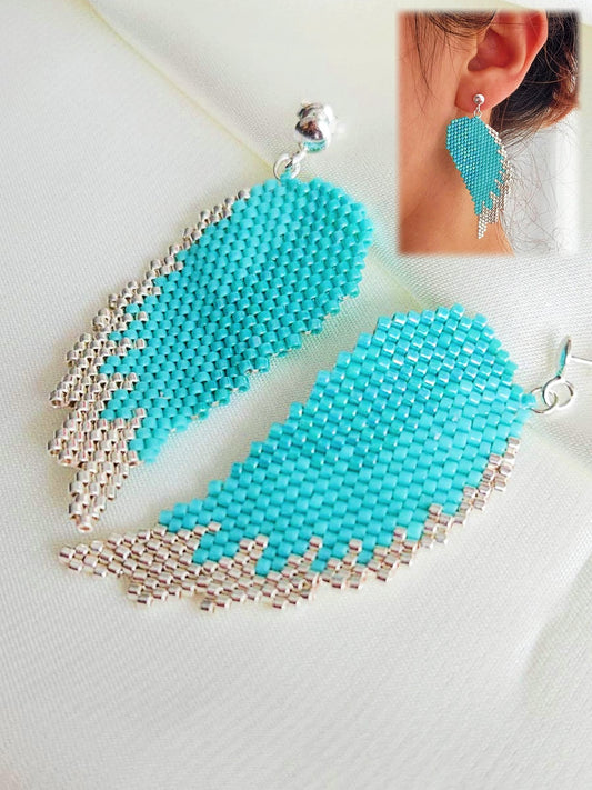 Cercei pene turcoaz-argintiu