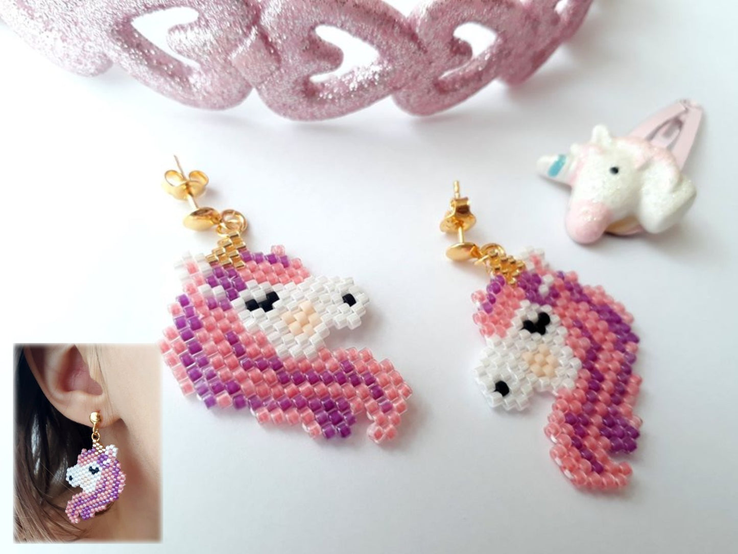 Cercei unicorn roz-mov - Creatii Delicate