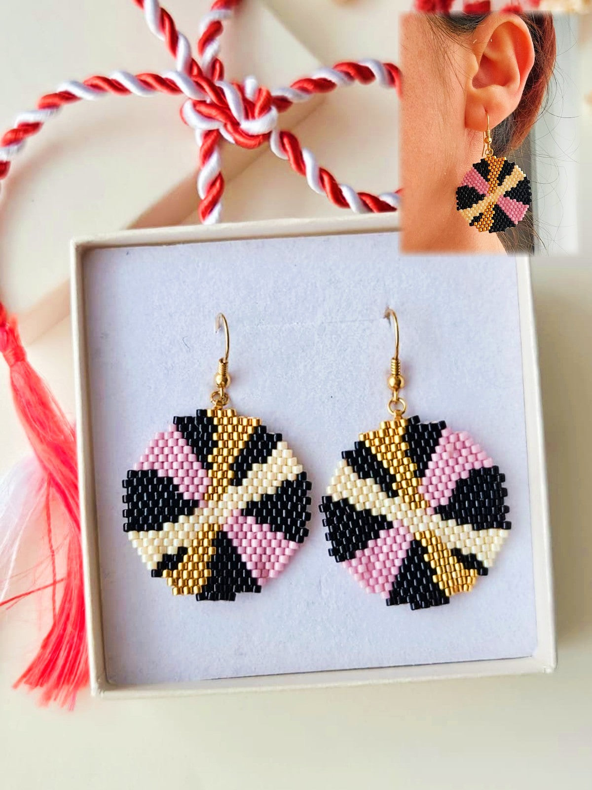 Cercei cerc negru-roz-auriu-alb - ❤️ Creatii Delicate 